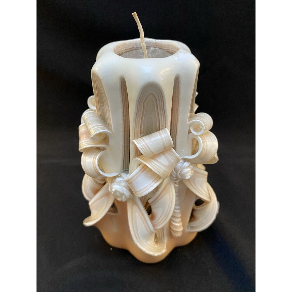 Vintage Hand Carved Ribbon Wax Pillar Artisan Rosettes Candle White Cream Blush - Picture 7 of 7